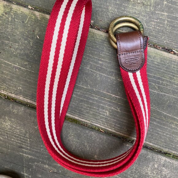 Vintage 90s Coach Fabric Belt Red Striped Leather Buckle - Picture 2 of 6